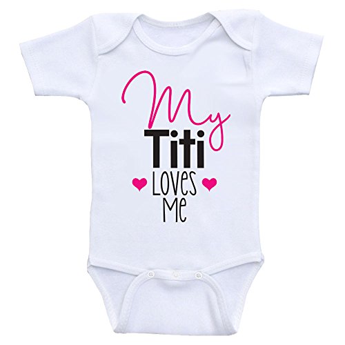 Cute One Piece Baby Clothes "My Titi Loves Me" Onesies For Babies (3mo-Short Sleeve, Hot Pink Text)
