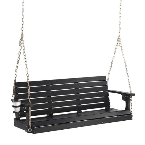 VINGLI Heavy Duty 1600 LBS HDPE Porch Swing Outdoor with Rotatable Cup Holder, 5 FT Patio Bench Swing with Adjustable Chains, 3 Person Hanging Porch Swing Chair for Porch, Yard, Tree, Garden - Black