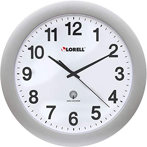 Lorell LLR60996 Radio Controlled Arabic Numeral Analog Wall Clock, Daylight Saving Radio-Controlled, 12-Inches,Silver, White