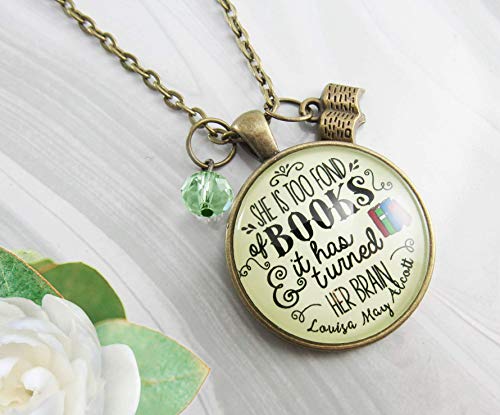 Gutsy Goodness 24" Book Necklace She Is Too Fond Literary Quote Louisa May Alcott Pendant Jewelry Green Charm