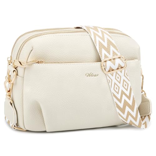 HILAEX Crossbody Bag for Women Leather Purse Anti Theft Multi Pockets Wide Adjustable Strap Shoulder Handbag RFID Blocking Beige