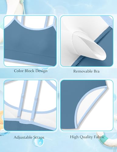 Oranchids Girls Swimsuit Teen Swimsuits for Girls 12-14 Bathing Suit Colorful Contrast Trim Bikini Set Color Block Spaghetti Straps Two Piece Swimwear Dark Blue Size 13-14 Years