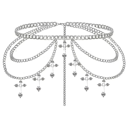 Cross Waist Chain Belt - Punk Gothic Crossover Body Belly Chains Tassel for Women Girl (Silver) (Cross1)