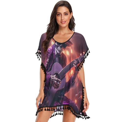 KAAVIYO Music Guitar Skull Women's Beach Cover Up Chiffon Tassel Swimwear Swimsuit Coverups for Girl