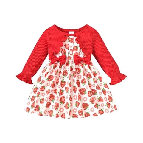 puseky Baby Girl Dress and Cardigan False 2 Piece Long Sleeve Bow Dresses Cute Baby Girls Strawberry Dress 6-9 Months Cover