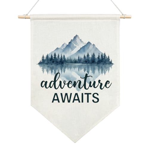 AGMDESIGN Adventure Awaits Canvas Hanging Pennant Flag Banner, Adventure Nursery Decor, Home Office School Classroom Kids Room Playroom Nursery Bedroom Camper Flag Decor, Boy Room Wall Decor