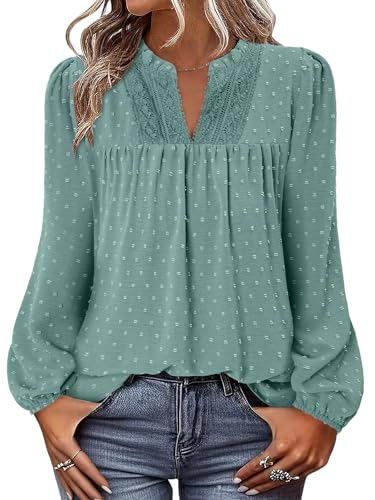 BETTE BOUTIK Women Boho Long Sleeve Shirts Dressy Casual V Neck Fall Fashion Tops Swiss Dot Flowy Blouses