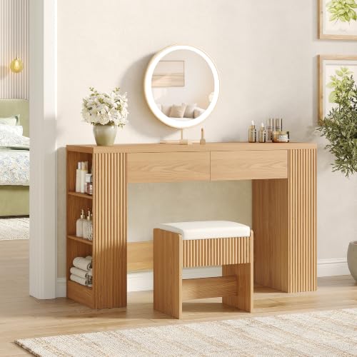 Vabches Fluted Vanity Desk Without Mirror, 47.24" Dressing Table (Oak)