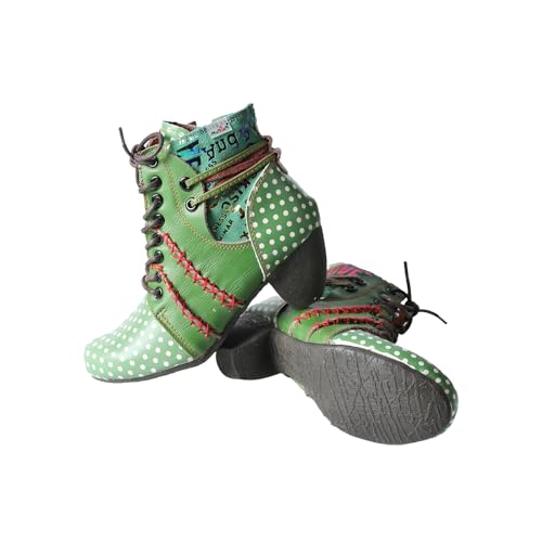 TMA EYES Women's Polka Dot Pattern Lace Up Ankle Boots With Thick Heels4