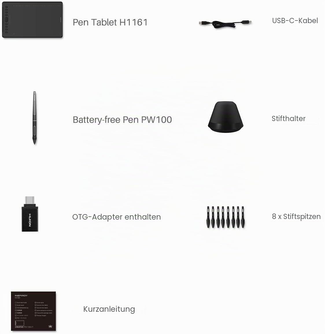 HUION Inspiroy H1161 Grafiktablett, Touch-Streifen und 8192 Stiftdruck-Skizzen-Tablet mit Batterielosem Stylus, 10 Shortcut-Tasten, Kompatibel mit Android, Windows und Mac, Schwarz
