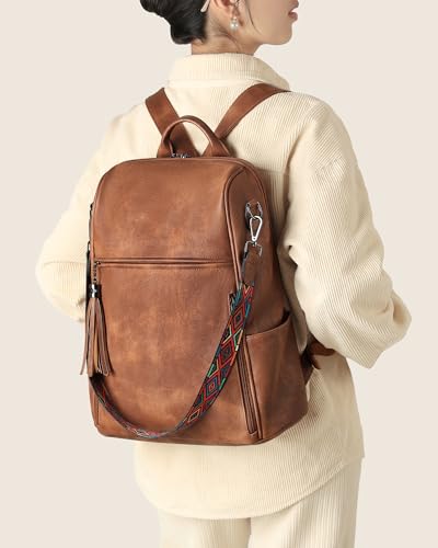 FADEON Leather Laptop Backpack for Women Designer 15.6 inch PU Laptop Bag, Ladies Travel Computer Work Backpack Brown