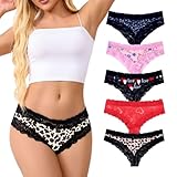 Solblo Women's Gothic Lace Hipster Panties 5-Pack, Blue Polka Dot Pink Floral Leopard Print, Low Rise Bikini Sexy Underwear(US, Alpha, Medium, Regular, Regular, Multicolor5)