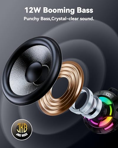 Image of BassBloom Room 1 Portable Bluetooth Speaker, IPX7 Waterproof Shower Speaker with 12W Powerful Sound, 15H Playtime, LED Power Display, RGB Lights, for Pool, Beach, Camping(Black)