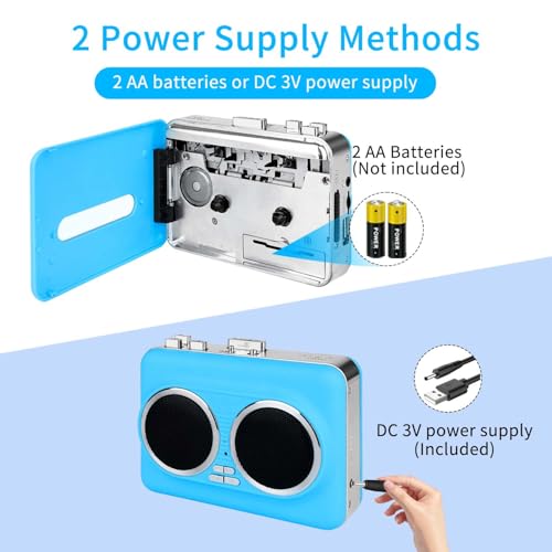 Portable Cassette to USB Converter,Dual Speaker Pure Stereo &Auto Reverse Cassette Player, Cassette Tape Playerwith 3.5mm Headphone Jack,Supports U Disk, USB Card Reader