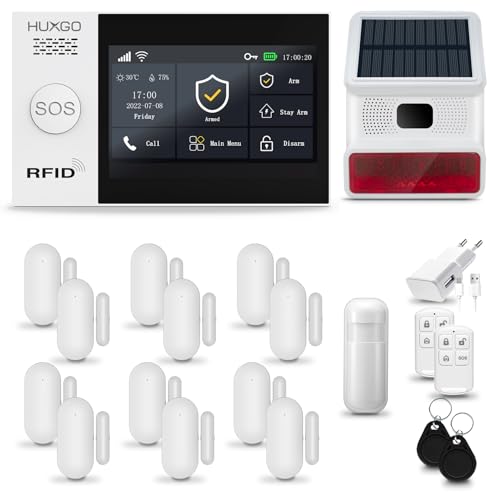 HUXGO® HXA007 Funk Alarmanlage Set WiFi + GSM 4G mit Solar Alarmsirene | Alarm System mit Bewegungsmelder, 12x Fensteralarm/Türsensoren | Alarmanlage fürs Haus, Wohnung, Wohnmobil | Smart Home
