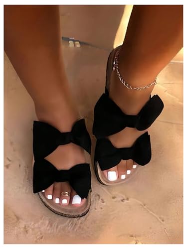 GORGLITTER Women's Bow Cork Sandals Double Band Suede Beach Sandals Open Toe Slip On Slide Sandals 20252