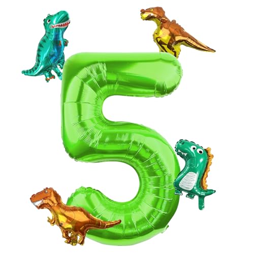 Morofme Lot de 5 ballons en forme de chiffre dinosaure 101 cm avec 4 ballons dinosaures verts en al… – Vignette