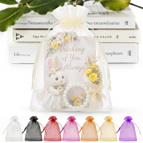 Image of ANZNKU 100 Pack Ivory Organza Bags 5x7 In, Small Mesh Gift Bags Bulk with Drawstring for Jewelry Candy Sachet Soap, Goodie Pouches for Wedding Baby Bridal Shower & Birthday Party Favors