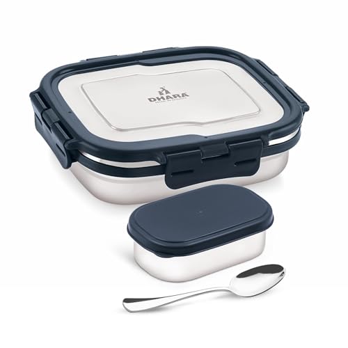 Image of Dhara Stainless Steel Blaze Tiffin Box for School, 800ml Airtight Lunch Box 600ml with Mini Container 200ml and Spoon - Navy Blue