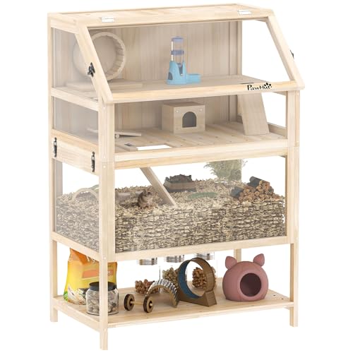 PawHut Cage pour Hamster en Bois XXL - Habitat pour Rongeur 3 étages avec Panneau Acrylique et Roue - Maison Petit Animal de Luxe avec Accessoires et étagère de...