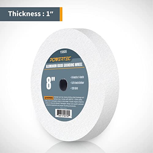 Image of POWERTEC Bench Grinder Wheel 8 Inch 60 & 120 Grit, White Aluminum Oxide Grinding Wheel for Bench and Pedestal Grinder, 1 inch Thick 5 /8 inch Arbor, Sharpening & Shaping Drill Bits, Blade, Chisel, 2PK (15549)