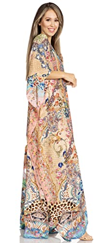 Sakkas Yeni Women's Short Sleeve V-Neck Summer Floral Long Caftan Dress Cover-up4