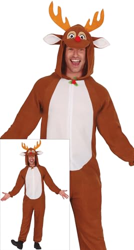 GUIRMA | Disfraz de Reno Pijama Adulto (48-50/M) - Capucha y Mono - Disfraces de Navidad, Año Nuevo y Fiestas de Papá Noel - Ideal para Hombres - Marrón y Blanco