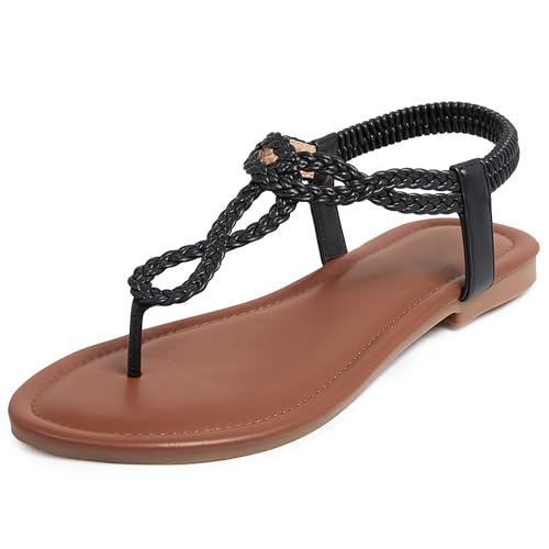 Image of iCKER Womens Braided T‑Strap Flat Sandals Elastic Stretch Ankle Strap | Boho cute casual lightweight and comfort matches dresses for beach vacation