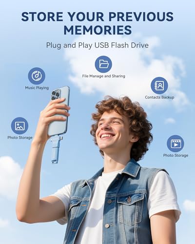 Image of MFi Certified Photo Stick USB Flash Drive for iPhone, 4 in 1 External Memory Thumb Drive for Picture Video Saver and Backup (Sky Blue, 256GB)