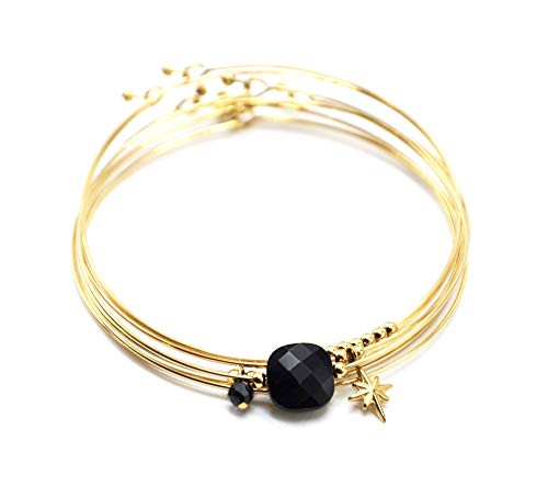 Oh My Shop BC3943F - Bracelet Semainier Multi Joncs Acier Doré avec Billes, Pierre Noire et Etoile Polaire