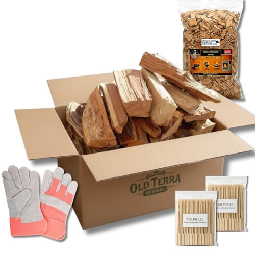 OLD TERRA NATURAL Kit bois premium 10 kg pour cheminée, barbecue et four à pizza | bûches sélectionnées, copeaux de fruits et gants en cuir de qualité