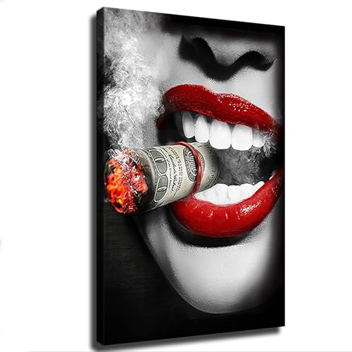Generic Modern Sexy Red Lips Picture Woman Smoking Cigar Poster Art Canvas Print Wall Decor Room Living Room Hallway Kitchen Decor Gift (16×24inch Framed)