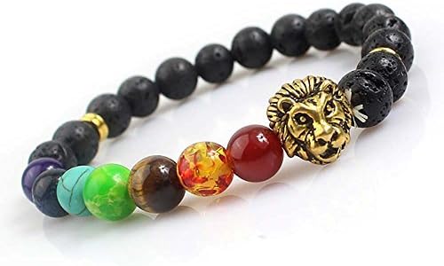 7 Chakra Lava Stone Diffuser Bracelet, Lion Head, Reiki Healing Balancing Round Beads