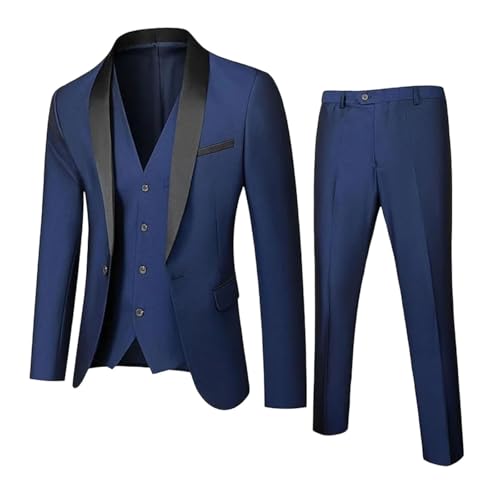 Men 3-Piece Slim Fit 1-Button Shawl Lapel Tuxedo Wedding Business Party Wrinkle Resistant Set Navy Blue