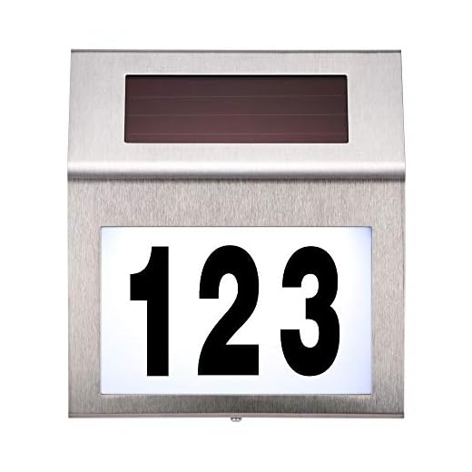 UNISOPH House Numbers Solar Powered Address Sign Stainless Steel,LED Illuminated Door Numbers Waterproof Outdoor Metal Plaque Light Up for Home Garden Yard Street