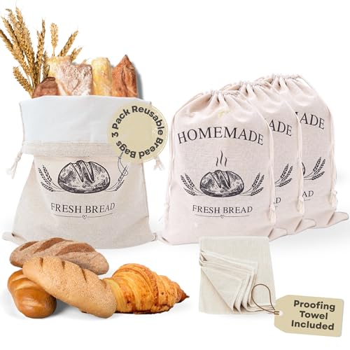 Linen Bread Bags for Homemade Bread – 3 Pack with Bonus Linen Tea Towel for Proofing | Reusable, Eco-Friendly Sourdough Bags with Moisture-Locking Lining | Perfect for Sourdough, Baguettes & More