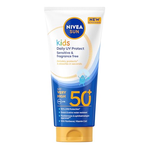 NIVEA SUN Kids Daily UV Protect Sensitive SPF 50+ Sun Cream (100ml) Kids Sunscreen For Face and Body Sweat and Water-Resistant Gentle Fragrance-Free Formula