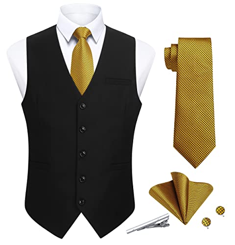 Enlision Mens Dress Vest Tie Set 5Pcs Tuxedo Suit Vest Formal Business Waistcoat Black Vest Gold Necktie Pocket Square Cufflink Solid Color For Wedding Party #TOP17