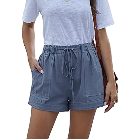 HUUSA Women's Casual Summer Elastic Waist Beach Linen Sweat Shorts Going Out Cozy Mid-High Rise Pocketed Athletic Shorts Blue M Cover