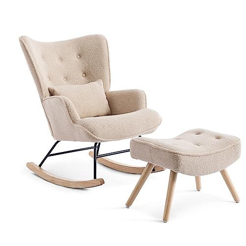 Image of Artechworks Modern Teddy Fabric Rocking Chair, Glider Chair with Ottoman Cushion, Nursery Mid Century Upholstered Tufted Chair Rocking Armchair Rocker Accent Chair for Livingroom, Balcony, Light Camel