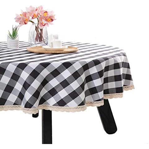 Nobildonna 70Inch Gingham Checkered Tablecloth, Black & White Checker, Round Lace Polyester Tablecloth Cover
