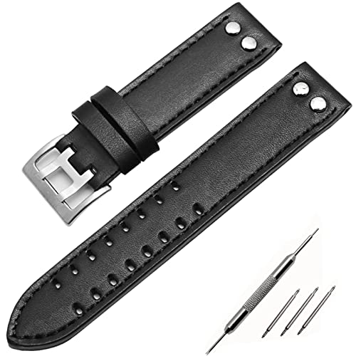Bracelet montre cuir véritable 20mm 22mm PURYN chic noir argent pour Hamilton Khaki et Seiko