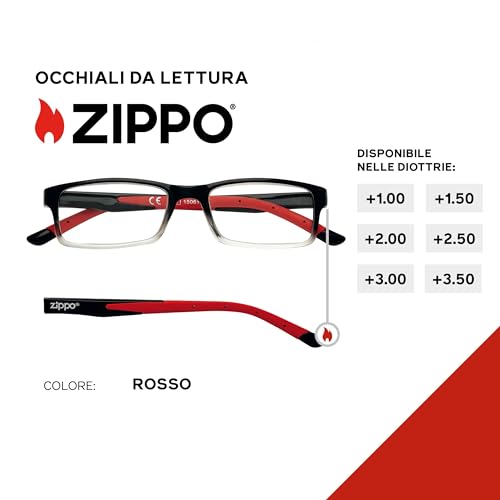 Zippo Occhiali Da Lettura, Realizzati Con Montatura Dalle Linee Morbide, Ideale Per Uomo E Donna, Diottria +3.00, Color Nero Sfumato, Aste Rosso - 2