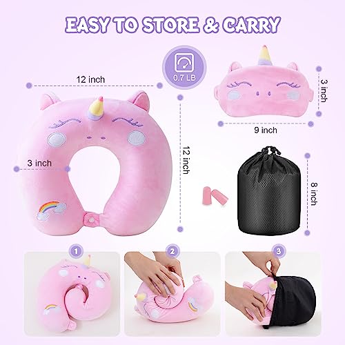 Cirorld Kids Travel Pillow Cute Neck Pillow Traveling Memory Foam Airplane Pillow with Sleep Mask Animal Flight Head Rest Neck Support for Cars Long Flights Sleeping Girls Boys-pink unicorn - Image 8