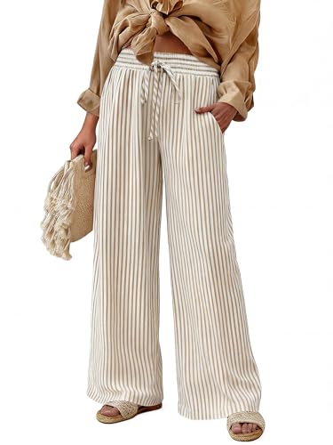 Bagavs Womens Striped Wide Leg Palazzo Pants High Waisted Elastic Drawstring Casual Lounge Trousers with Pockets(Khaki Stripe X-Large)