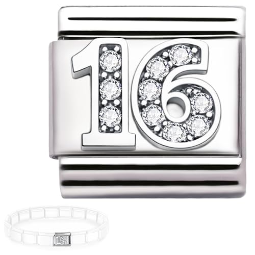 Image of Andska Number Birthday CHARM Fit Italian Style Link Bracelet 9 mm Stainless Steel Classic Stretch Modular Bracelets Compatible with Italian bracelet 16 18 21 30 40 50 60 70 (Charm 16)