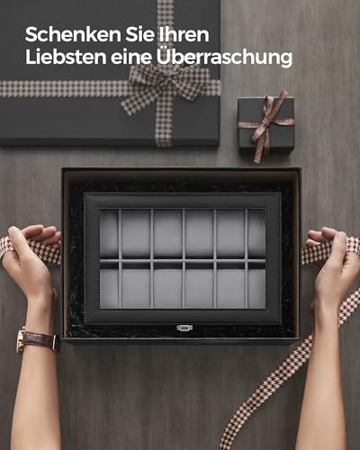 SONGMICS Uhrenbox mit 12 Fächern, Uhrenkasten mit Glasdeckel, Uhrenkoffer mit herausnehmbaren Uhrenkissen, Premium-Uhrenschatulle, PU-Bezug in Schwarz, Samtfutter in Schwarz JWB12B
