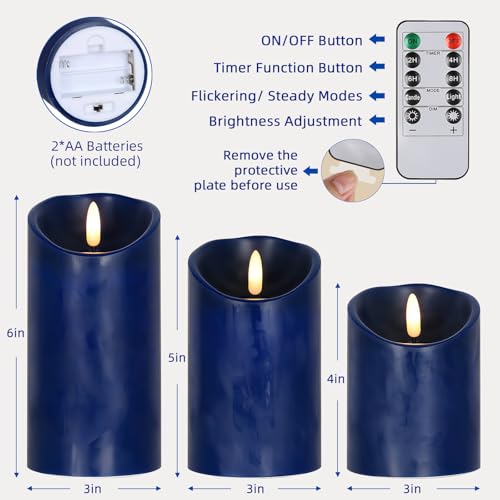 Image of Navy Blue Flameless Candles with Remote Timer, Real Wax LED Candles Flickering, 3D Wick Fake Candles Candles Battery Operated for Home Living Room Wedding Party Gifts, Navy Blue Decor, Set of 3