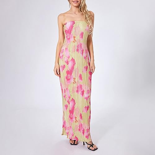 KMBANGI Womens Pink Floral Pleated Tube Maxi Dress Sleeveless Off Shoulder Strapless Backless Party Dress S, M, L, XL2