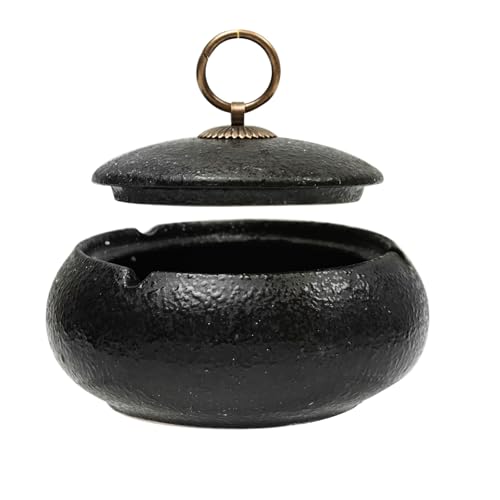 Cenicero de cerámica con tapa, resistente al viento, para interior y exterior, cenicero de escritorio para fumadores, para decoración de interiores (negro)